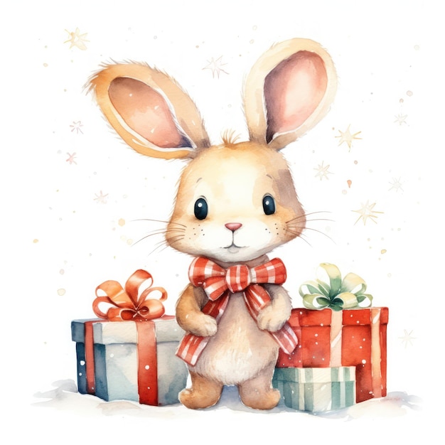 an illustration of a cute bunny with christmas gifts isolated an illustration of a cute bunny