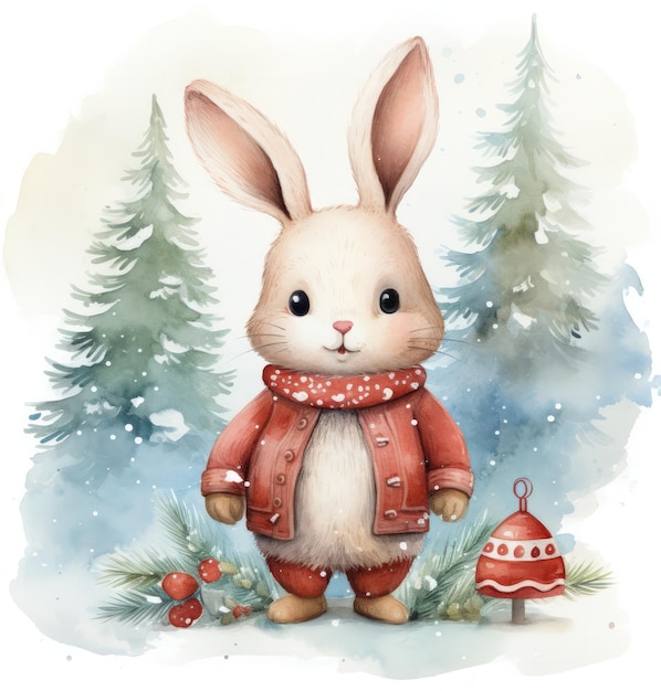 an illustration of a cute bunny with Christmas gifts isolatedan illustration of a cute bunny