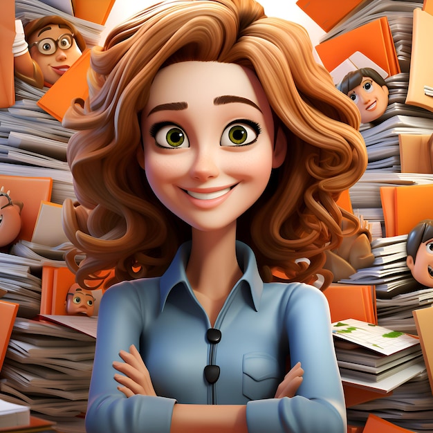 Illustration of a cute cartoon businesswoman surrounded by files and folders