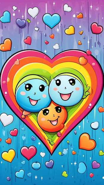 Illustration of cute cartoon characters laughing in a rainbow heart shaped frame disney style