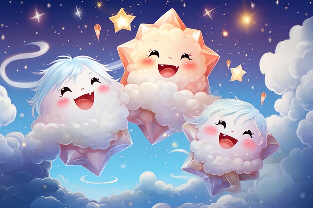 Illustration of cute cartoon clouds in the sky with stars and moon