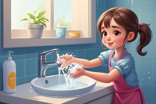 Photo illustration of cute cartoon girl washing her hands