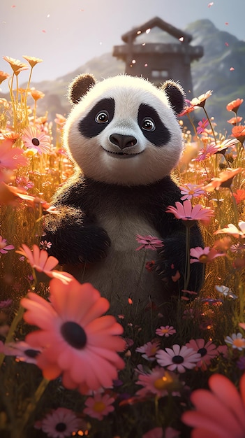 illustration of cute cartoon panda in the flowers