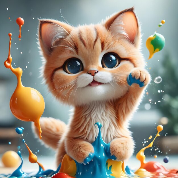 Illustration of a cute cat getting splashed with vibrant paint