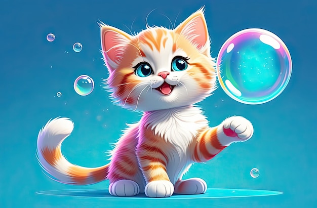 illustration of a cute cat play with soap bubbles on blue background