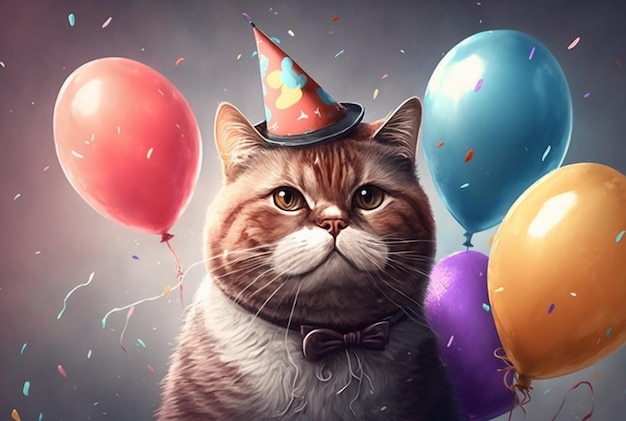 Illustration of a cute cat's birthday With hat and balloon generative AI