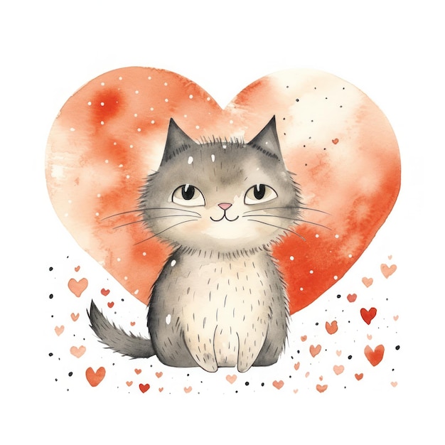 an illustration of a cute cat with hearts isolated