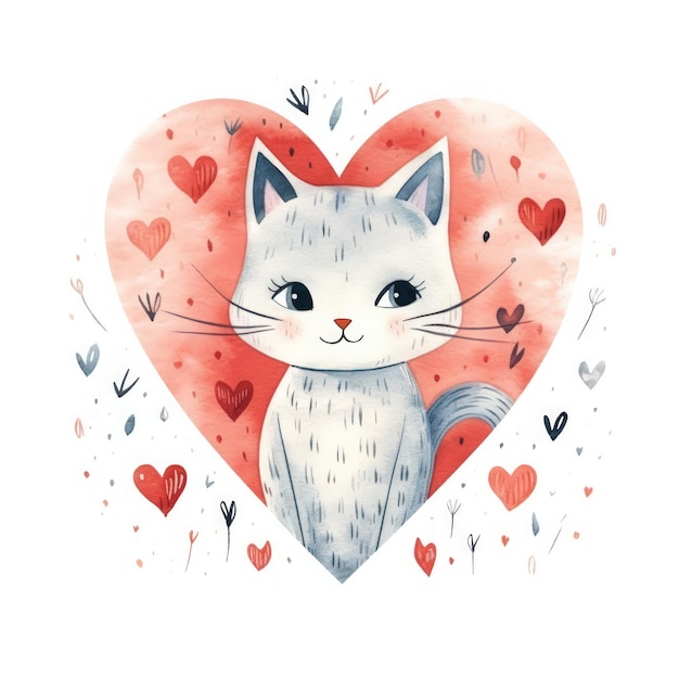 иллюстрация милой кошки с изолированными сердцами