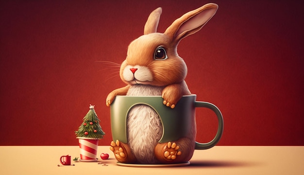 Illustration of Cute Christmas Bunny Rabbit with Mug Generative AI