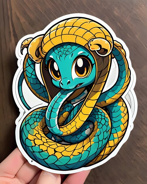 Photo illustration of a cute cobra sticker with vibrant colors and a playful expression