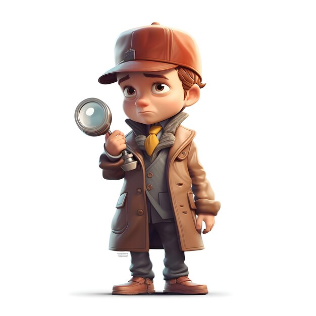 Photo illustration of a cute detective with a magnifying glass on a white background