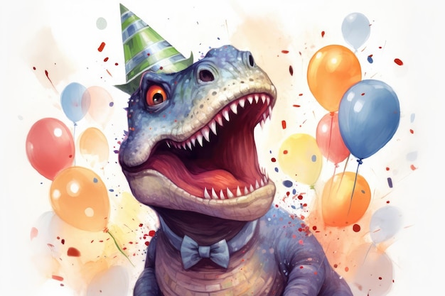 Photo illustration of cute dinosaur with balloons greeting birthday card for children white background