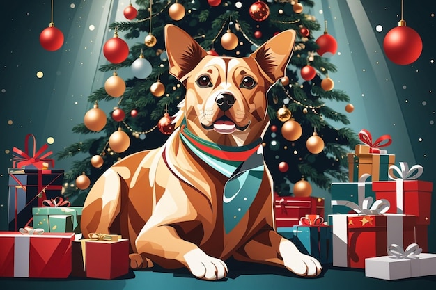 Illustration of a cute dog at Christmas celebrations