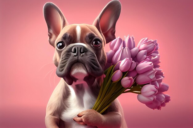 illustration of cute dog giving a flowers in pink background