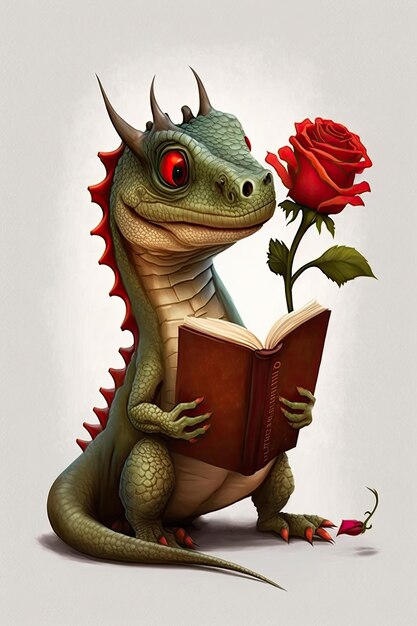 Illustration cute dragon with a rose and a book sant jordi generative ai