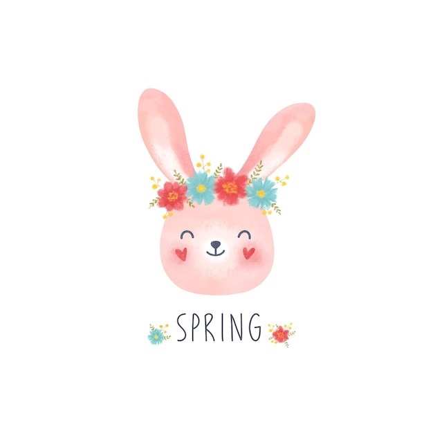 Photo illustration of cute face of a pink rabbit with flowers with text spring a white background