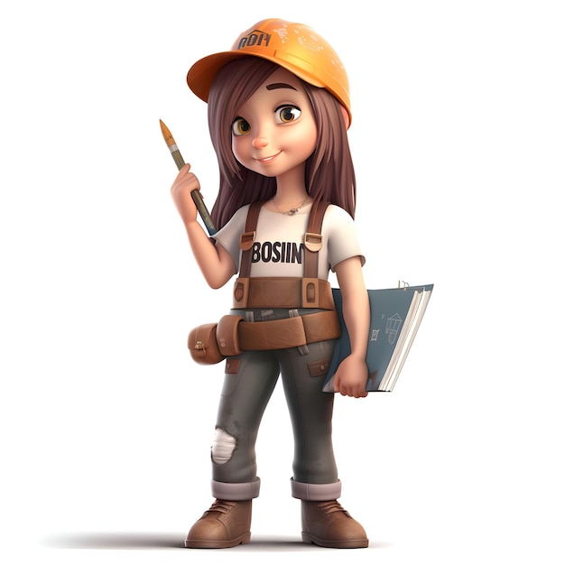 Photo illustration of a cute female construction worker holding a paintbrush and a notebook