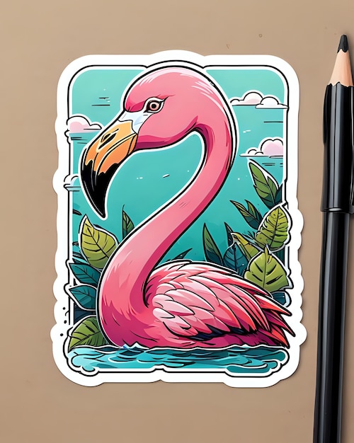 Photo illustration of a cute flamingo sticker with vibrant colors and a playful expression