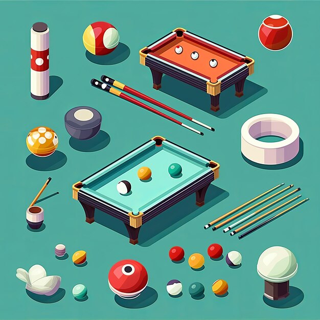 Photo illustration for cute flat billiards icons set sticker isometric