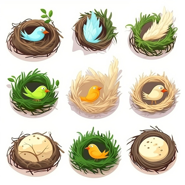 Photo illustration for cute flat bird nest icons set sticker isometric