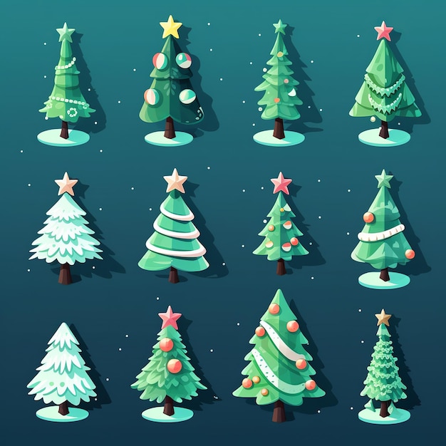 Illustration for cute flat christmas tree icons set sticker isometric