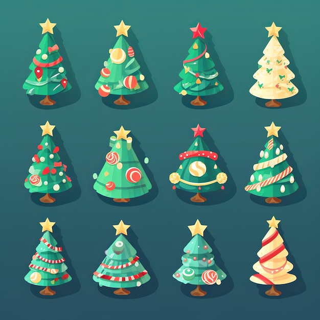 Иллюстрация для милых плоских значков рождественской елки, набор наклеек изометрии