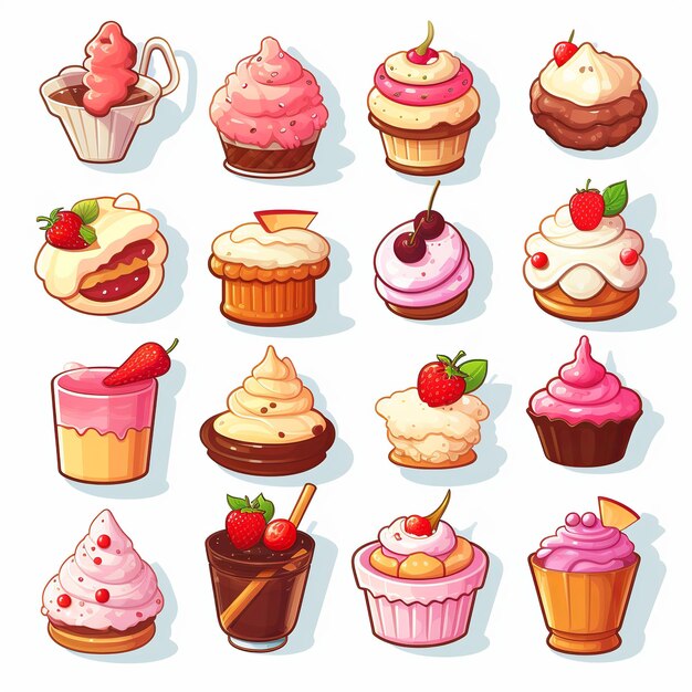 Illustration for cute flat dessert food icons set sticker isometric