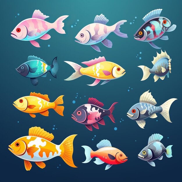 Illustration for cute flat fish icons set sticker isometric