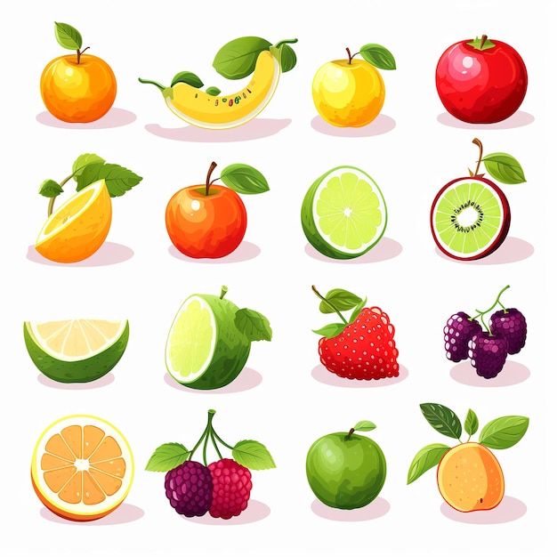 Illustration for cute flat fruit icons set sticker isometric Generative ai