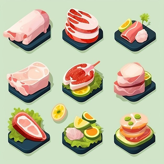 Photo illustration for cute flat ham icons set sticker isometric