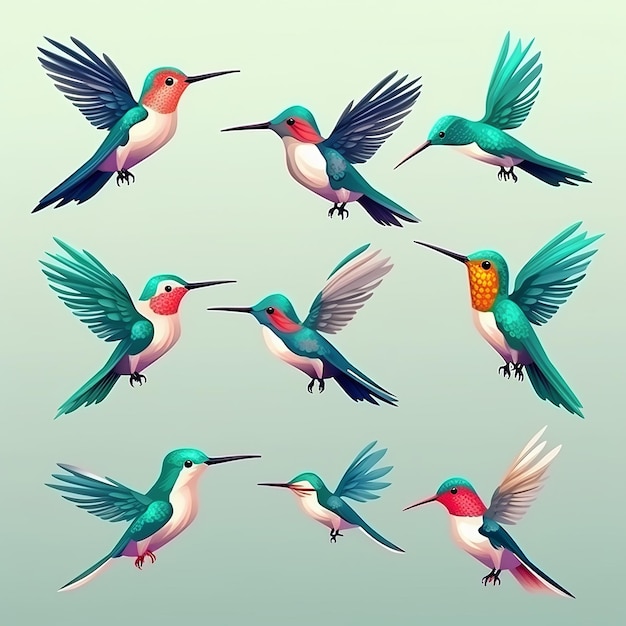 Illustration for cute flat humming bird icons set sticker isometric