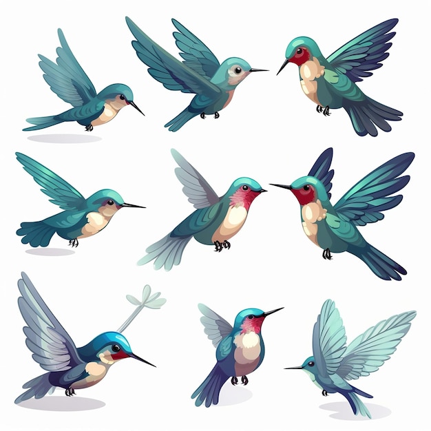 Illustration for cute flat humming bird icons set sticker isometric