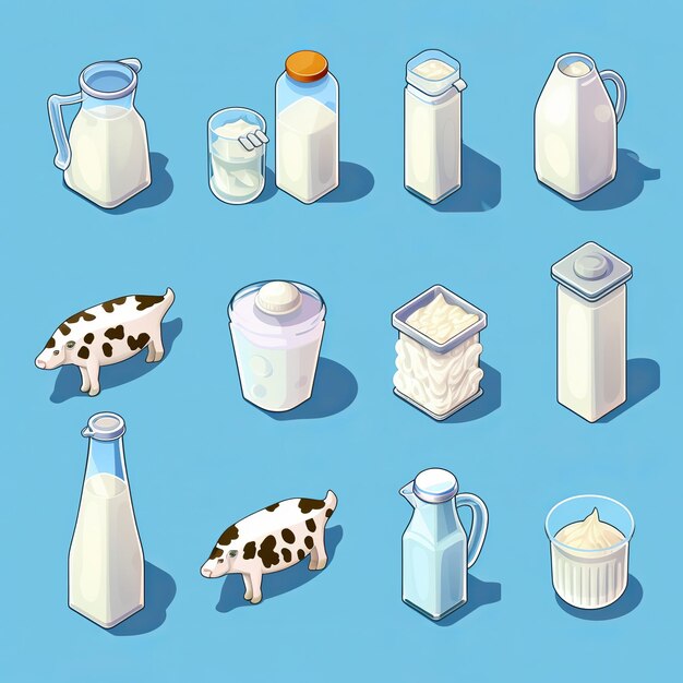 Illustration for cute flat milk icons set sticker isometric