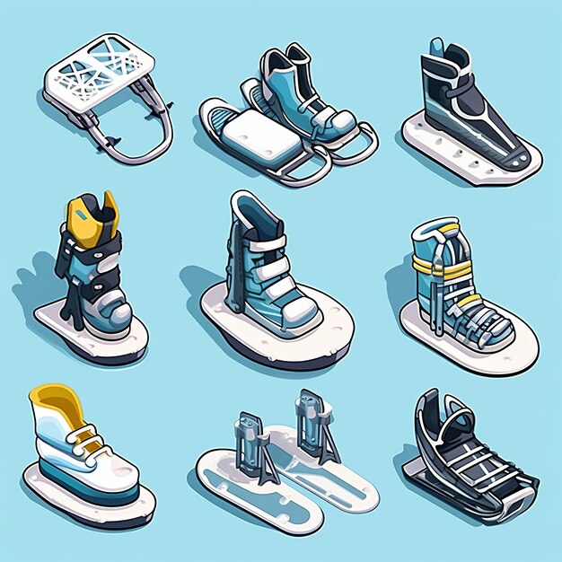 Illustration for cute flat snow shoe icons set sticker isometric