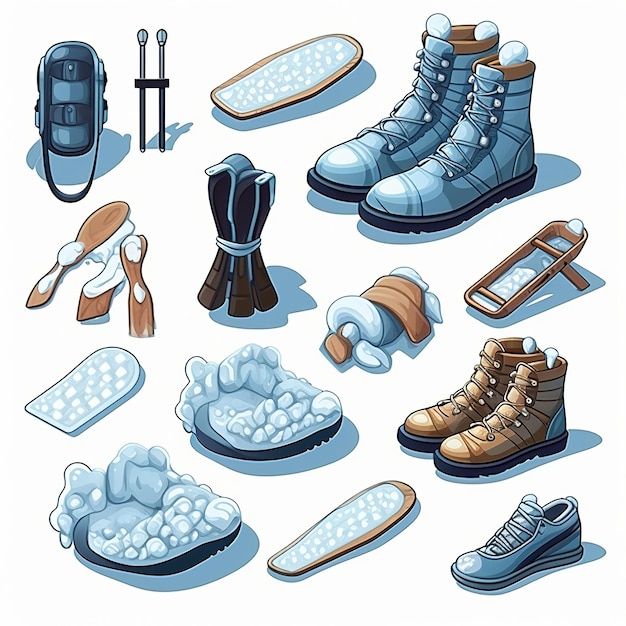 Illustration for cute flat snow shoe icons set sticker isometric