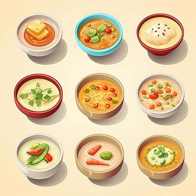 Illustration for cute flat soup icons set sticker isometric