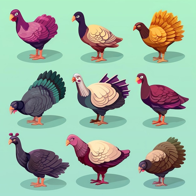 Illustration for cute flat turkey icons set sticker isometric