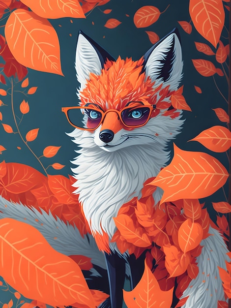 Illustration of a cute fox in the middle of autumn leaves