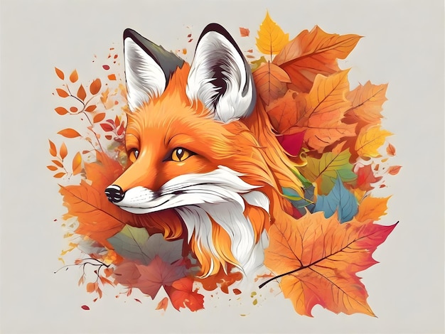 Illustration of a cute fox in the middle of autumn leaves