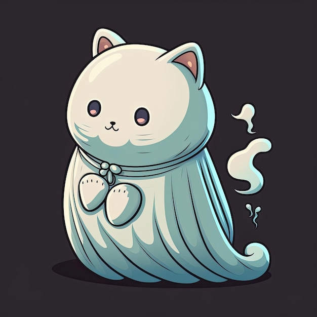 Illustration of cute friendly Cat Ghost on a black background Happy Halloween banner Generative AI