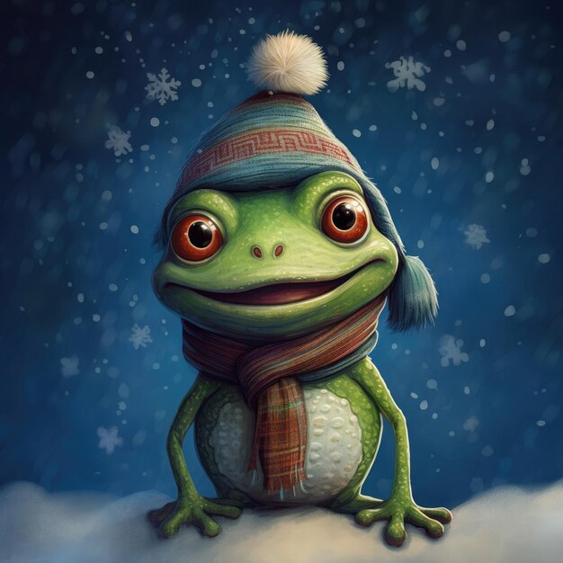 Illustration of a cute frog wearing a knitted hat scarf on a white background