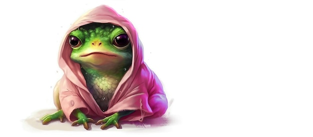 Illustration of a cute funny frog in a pink robe isolated on a white background Generative AI Panoramic horizontal image with space for your text