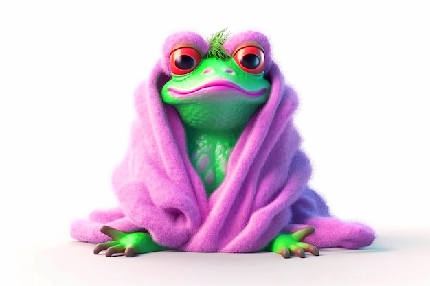 Illustration of a cute funny frog in a pink robe isolated on a white background Generative AI