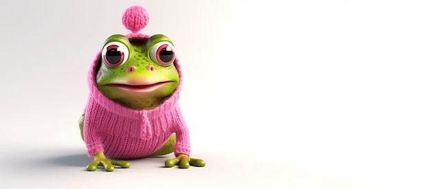 Photo illustration of a cute funny frog in a pink sweater isolated on a white background generative ai panoramic horizontal image with space for your text