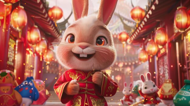 Illustration of a cute giant rabbit in traditional Chinese New Year clothing For the year of the rabbit Text Jade rabbits welcome spring