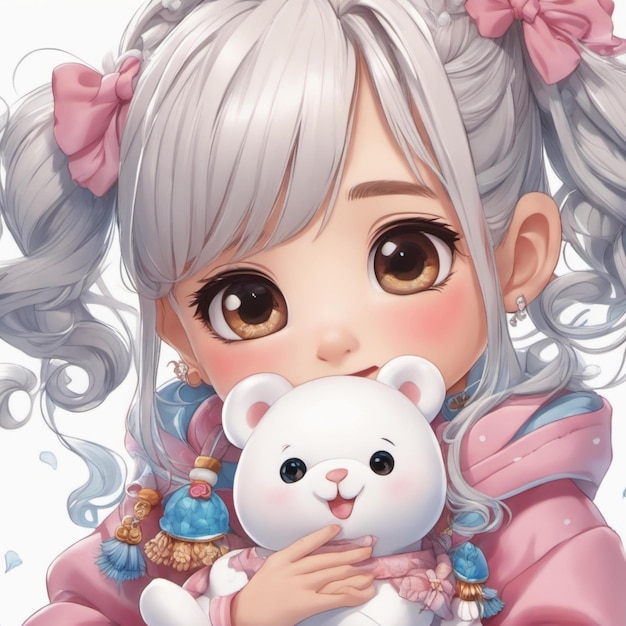 Illustration of a cute girl with her teddy bear generative ai