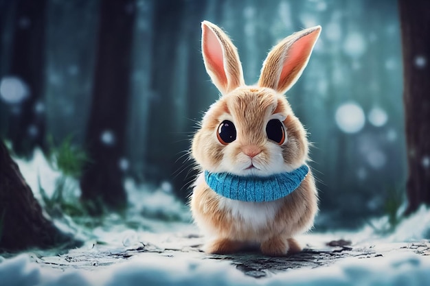 Иллюстрация милого серого зайца в шарфе с большими добрыми глазами зимой на снегу