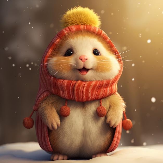 Illustration of a cute hamster wearing a knitted hat and scarf