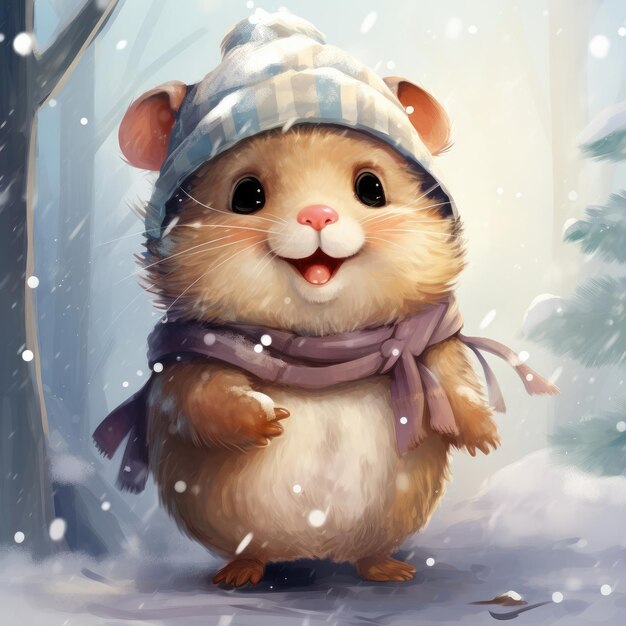 Illustration of a cute hamster wearing a knitted hat and scarf