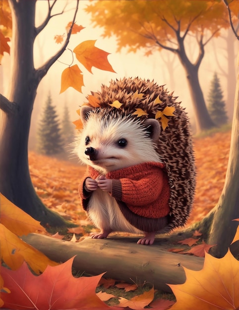 Illustration of a cute hedgehog wearing autumn clothes in the forest